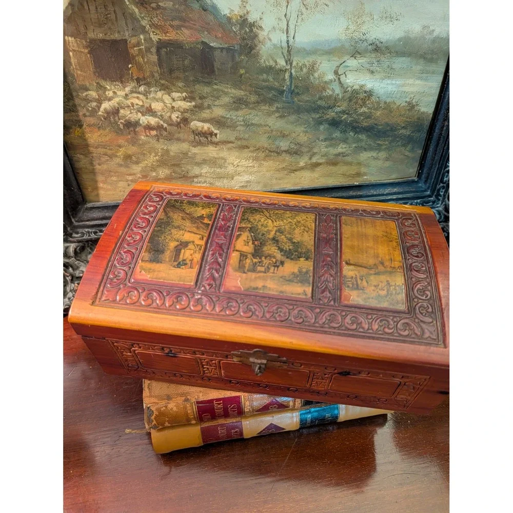 Vintage Carved Cedar Wood Jewelry Box Pastoral Landscape Mirror Trinket Chest